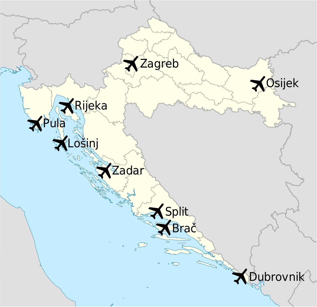 mapa ng croatia ng pagpapakita ng mga paliparan